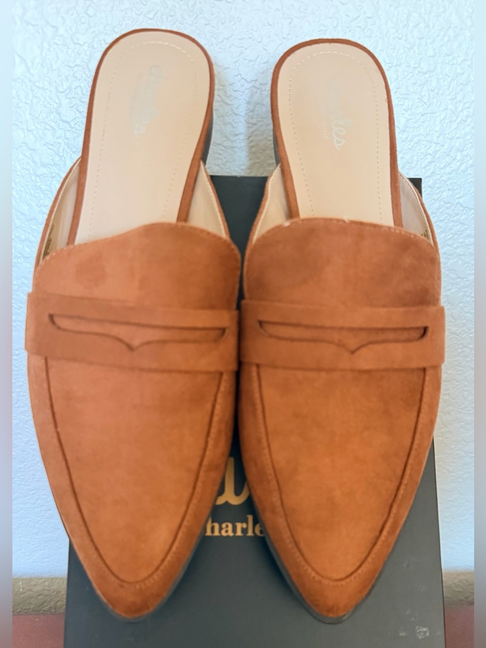 Charles, by Charles & David. Enya Suede Penny Loafer Mule in Cognac Brown. 10M
